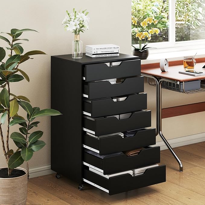 LOKO 7-Drawer Storage Cabinet, Versatile Drawer of Chest with Lockable Wheels, Mobile Office Lateral File Cabinet, for Home Office, Study (Black, 16" D x 19.5" W x 34.5" H)