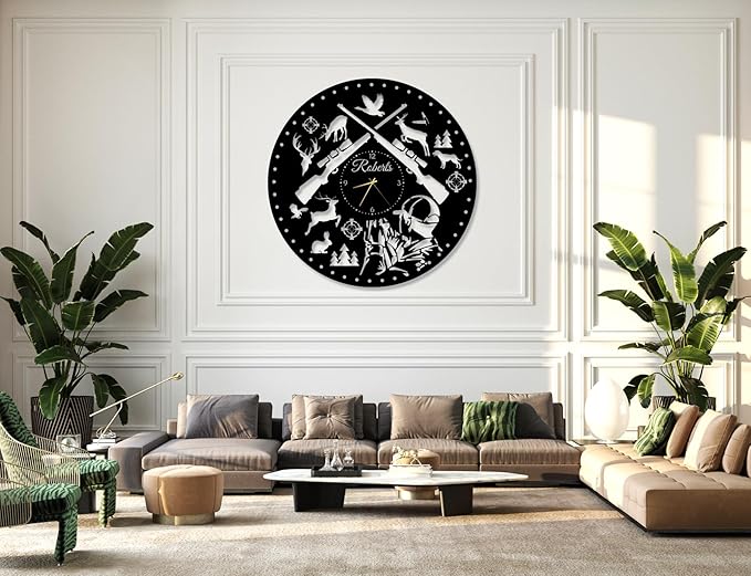 YTDESIGN Custom Wall Clock with Family Last Name, Personalized Metal Wild Animals Theme Wall Clock, Hunter's Gift, Housewarming Present