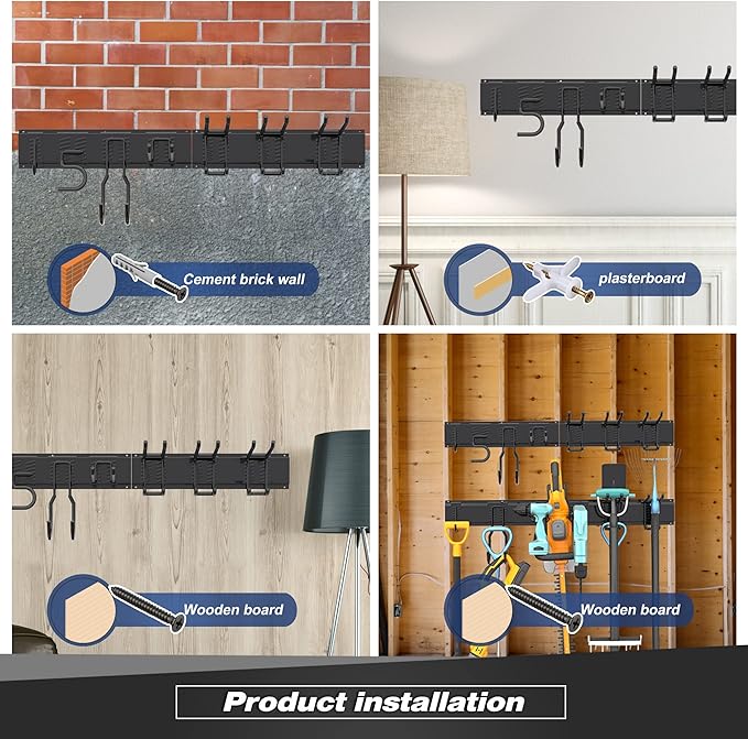 Garage Tool Storage Rack, Heavy Duty Garage Storage Organizer Rack System Wall Mounted Tool with 6 double hooks, 2 rails, Garden Yard Tools Hanger Rack for Ski Gears, Broom, Rake,Shovel