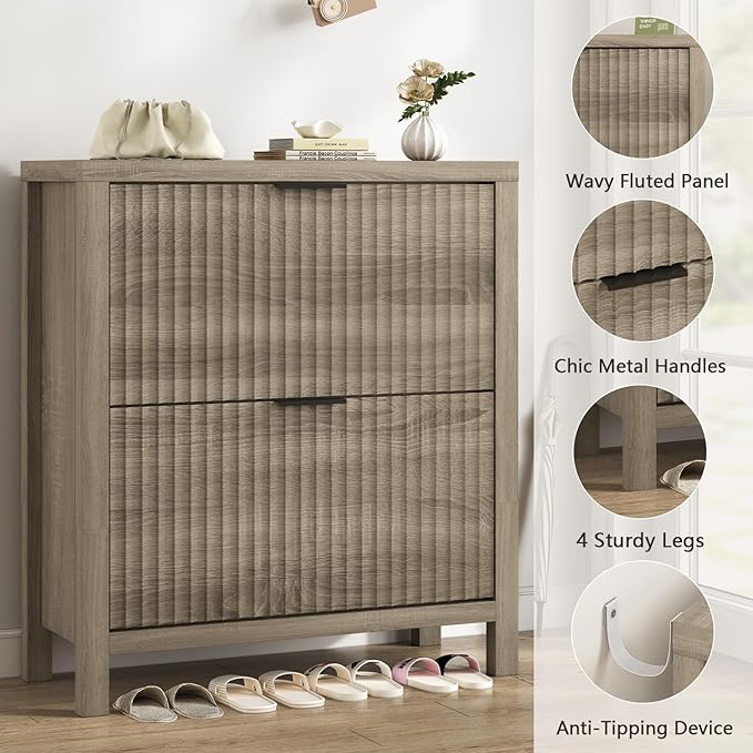 Shoe Cabinet Storage for Entryway, Fluted Shoe Cabinet with 2 Flip Drawers, Hidden Shoe Rack Tall Freestanding Shoe Organizer with Legs for Hallway, Gray