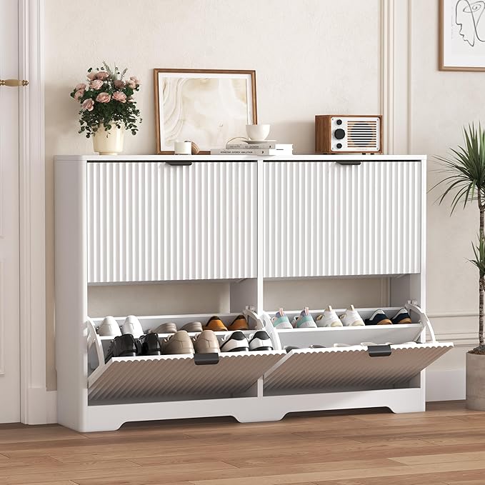 Shoe Cabinet Storage for Entryway with 4 Flip Drawers, White Fluted Shoe Cabinet with Adjustable Shelves, Wooden Hidden Shoes Rack Freestanding Narrow Slim Shoes Storage for Hallway, Entrance