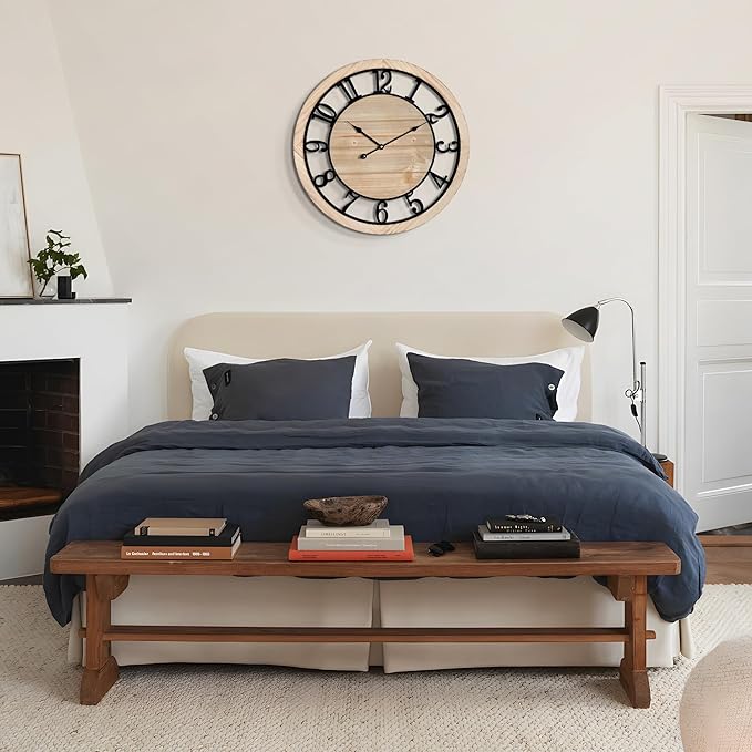 LEIKE 20 Inch Large Wall Clock - Rustic Wooden Silent Non-Ticking Wall Clock with Black Metal Frame, Vintage Farmhouse Decorative for Living Room, Bedroom, Kitchen - Arabic Numerals, Modern Design