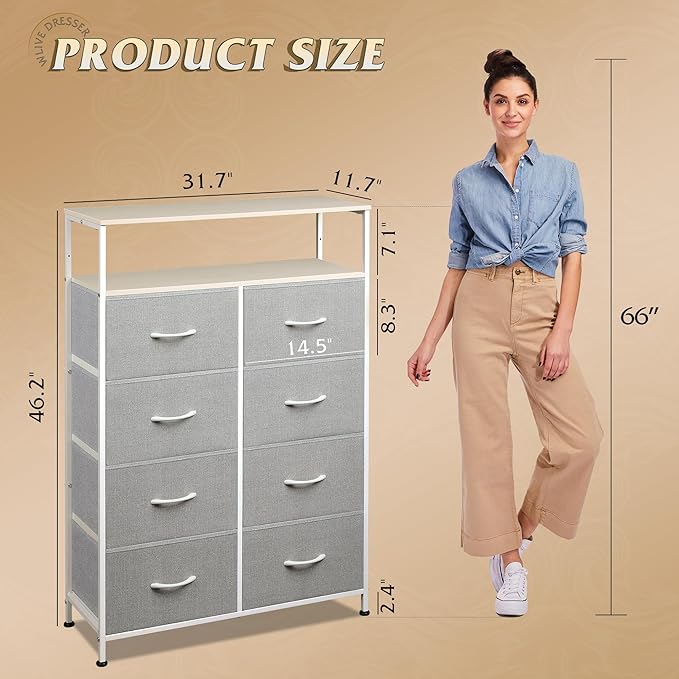 WLIVE Fabric Dresser for Bedroom with Open Shelves, Tall Dresser with 8 Drawers, Storage Tower with Fabric Bins, Chest of Drawers for Closet, Living Room, Hallway, Light Gray