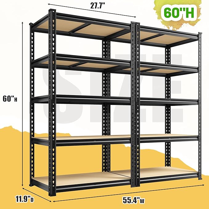 Set of 2 Storage Shelves 27.7"W Metal Shelving 2010LBS Garage Shelving Heavy Duty Garage Shelves Adjustable 5 Tier Metal Shelf for Pantry Kitchen Closet Basement Warehouse 11.9"D×27.7"W×60"H