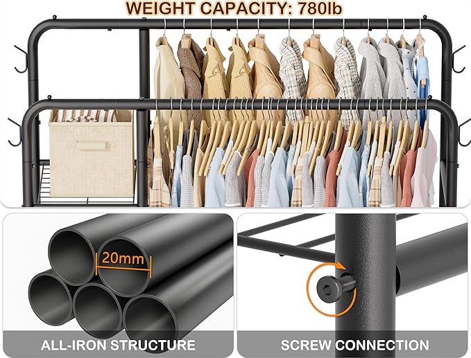 Double Rods Clothes Rack Clothing Rack with 4 Tier Storage Shelves Clothes Rack for Hanging Clothes Multifunctional Heavy Duty Clothes Organizer with Hooks for Bedroom,Wardrobe Closet,Shop,Black