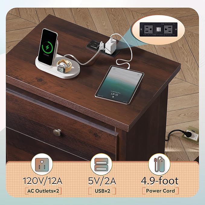 WLIVE Tall Nightstand with Charging Station, Wood Nightstand with 3 Drawers, Bedside Tables Bedroom, Dorm, End Table with 2 USB Ports and 2 AC Outlets, Bedside Table, Espresso