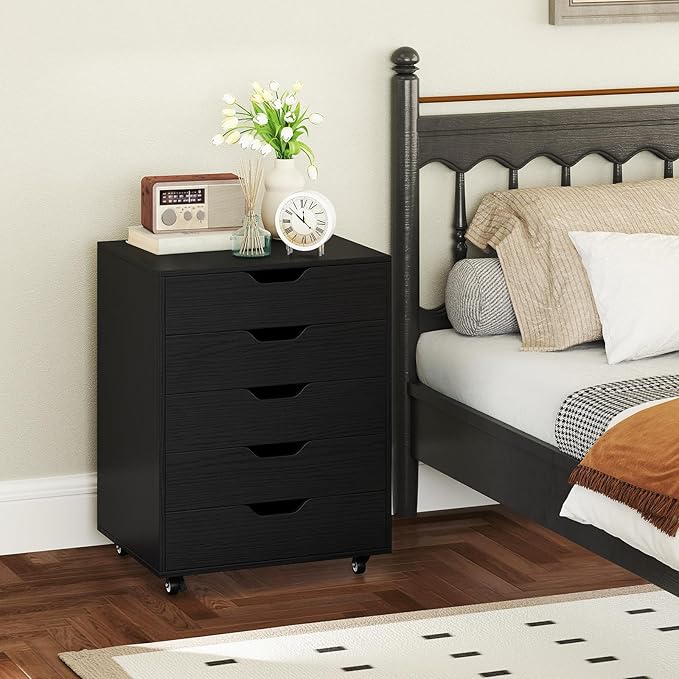 LOKO 5-Drawer Storage Cabinet, Versatile Drawer of Chest with Lockable Wheels, Mobile Office Lateral File Cabinet, for Home Office, Study (Black, 16" D x 19.5" W x 25.5" H)