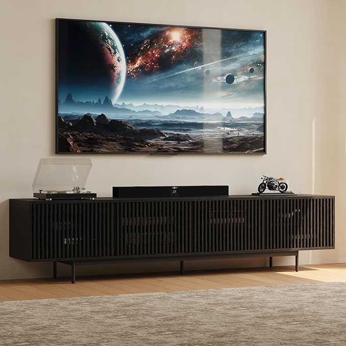 POVISON Mid-Century Modern TV Stand with Slatted Doors, Fully Assembled 94.49" Wood Media Console, TV Console with Tall-cast Metal Legs, Entertainment Center with Storage for Living Room