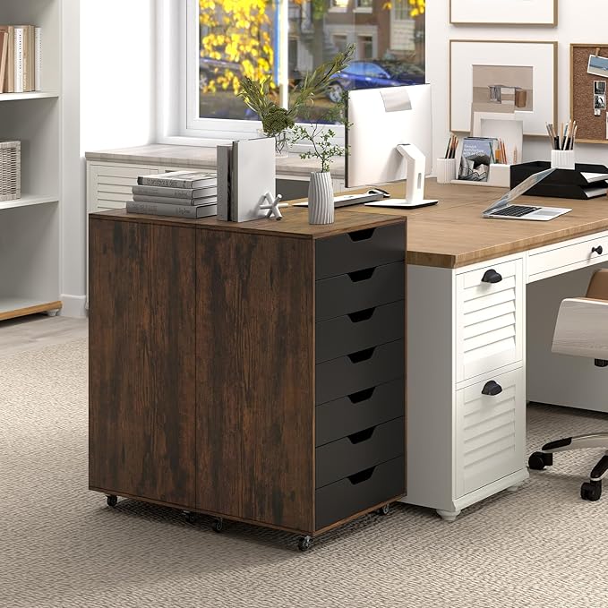 LOKO 7-Drawer Storage Cabinet, Versatile Drawer of Chest with Lockable Wheels, Mobile Office Lateral File Cabinet, for Home Office, Study (Rustic Brown + Black, 16" D x 19.5" W x 34.5" H)