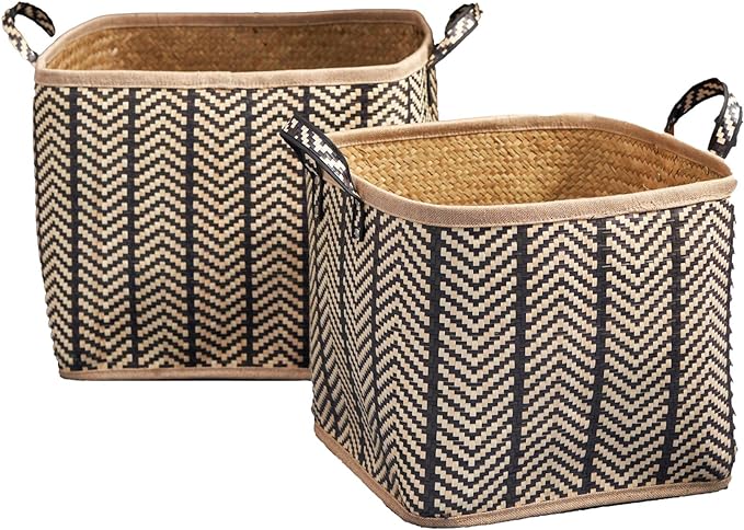 Set of 2 Isidore Square Palm Leaf Woven Wicker Storage Baskets with Handles (14"x14"x15" and 16"x16"x17" - Black-Brown) - Perfect for Halloween, Thanksgiving, and Home Organization