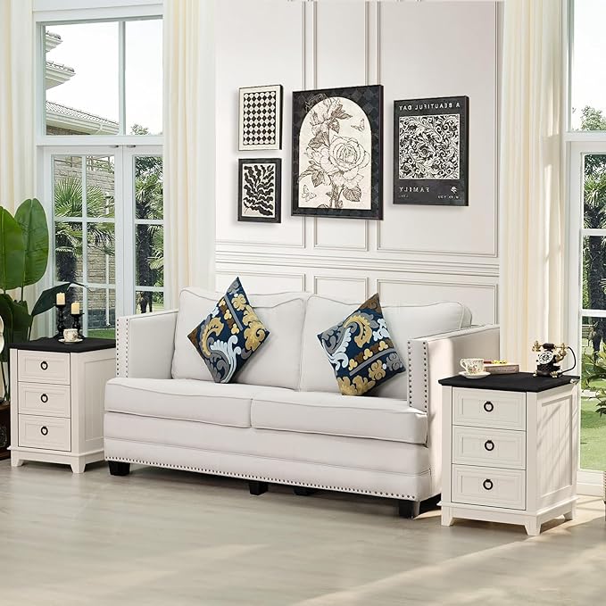 18" Farmhouse Night Stand with 3 Drawers, Wood End Table Dresser for Bedroom, White Nightstand, Bed Side Table with Metal Handle, Bedside Cabinet for Bedroom Living Room, Closet