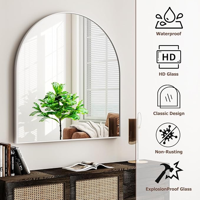 Arched Bathroom Mirror, 32x34 Inch - Wall Mounted Vanity Mirror with Aluminum Alloy Frame - Ideal for Living Room, Bedroom, Bathroom, and Entryway, Hanging or Leaning,White