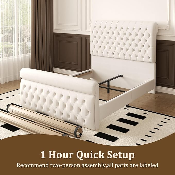 57.5" Tall Queen Size Upholstered Bed Frame with Rolled Headboard and Footboard, Plaform Bed Frame with Deep Button Tufting, Soft Chenille Fabric, Noise Free, No Spring Box Needed, Beige