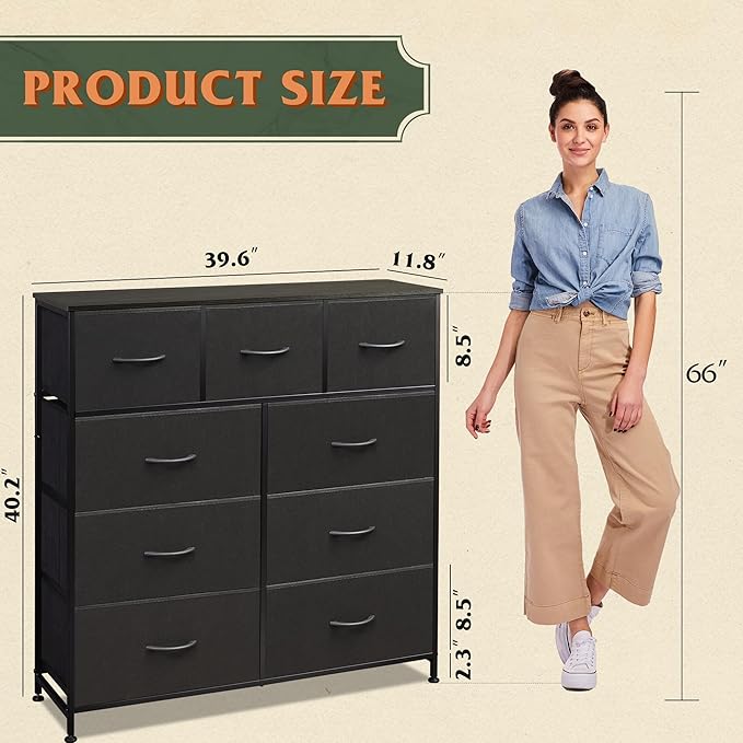WLIVE 9-Drawer Dresser, Fabric Storage Tower for Bedroom, Hallway, Entryway, Closet, Tall Chest Organizer Unit with Fabric Bins, Steel Frame, Wood Top, Easy Pull Handle, Charcoal Black