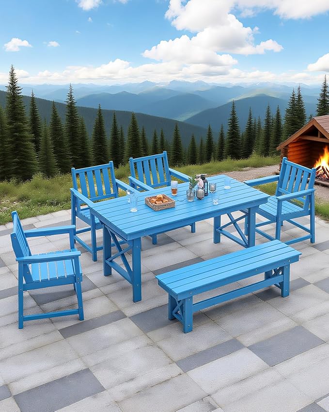 QUASCO Outdoor HDPE Dining Table Set, 6-Piece Outdoor Patio Dining Sets with Umbrella Hole Table and 1 Bench and 4 Chairs for Backyard, Deck, Garden and Poolside, Blue