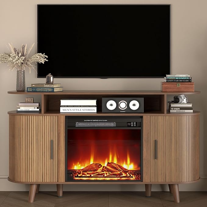 Fireplace TV Stand for TVs Up to 65 Inch, Modern Fireplace Entertainment Center with Sliding Doors and Adjustable Shelves, Media Console Table for Living Room Bedroom, Walnut (Fireplace tv Stand)