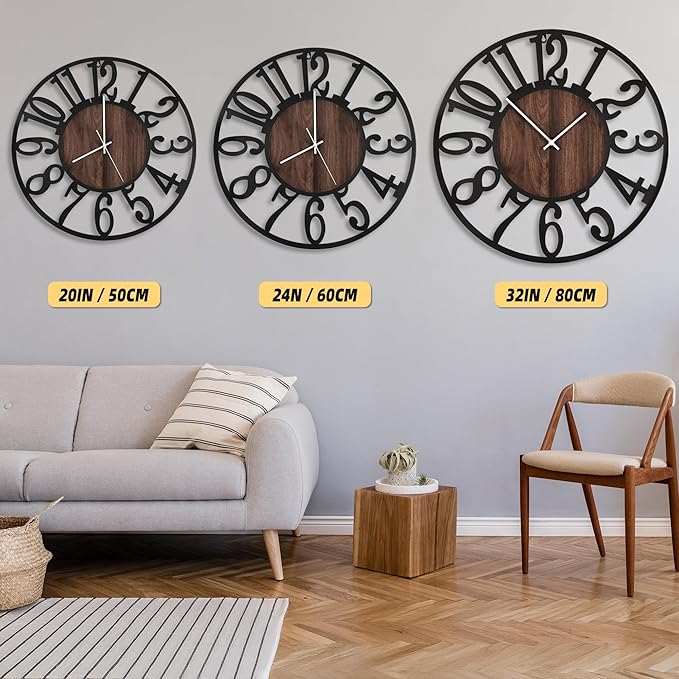 LEIKE Large Wall Clocks with Night Light Battery Operated,Silent Non Ticking,Rustic Modern Big Wood Clock for Living Room, Bedroom,Kitchen,Farmhouse,Office,Home Decor-20 Inch(Black-Arabic Number)