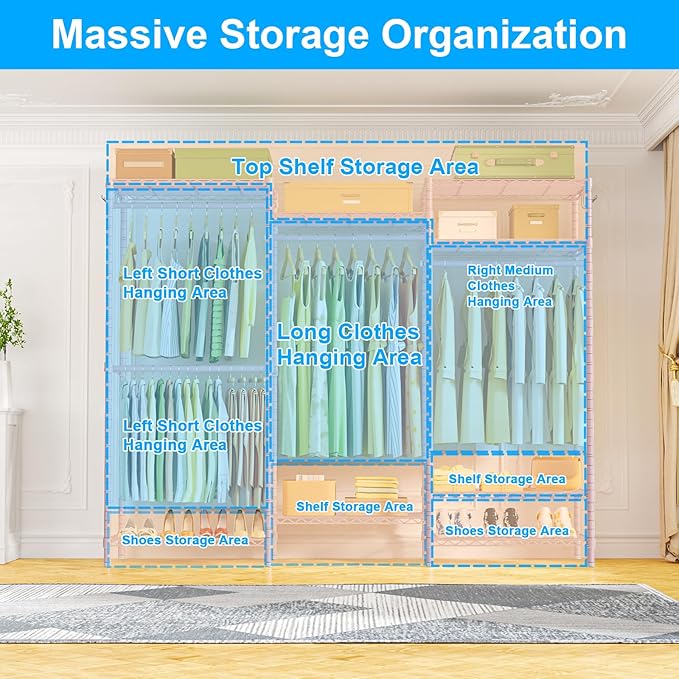 Ulif E13 Heavy Duty Clothes Rack（With 4 Hanger Rods & 8 Shelves） Freestanding Clothing Racks for Hanging Clothes，Adjustable Closet Organizer，Metal Garment Rack 63" W x16 D x77 H，Max Load 900LBS，Pink