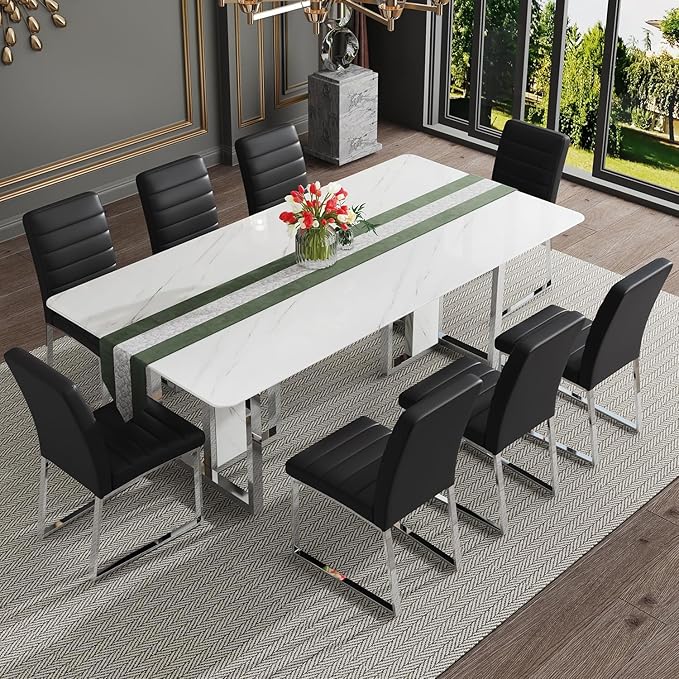 79 Inch Modern Dining Table Set for 8, White Luxury Kitchen Set with 1.8-inch Faux Marble Table Top & 8 PU Leather Upholstered Chairs for Dining and Living Room