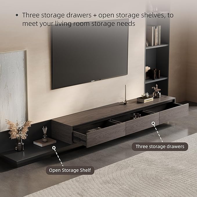 Mid-Century Modern Expandable TV Stand with 3 Drawers – Adjustable Entertainment Center for Living Room & Bedroom (79" to 130"), Stylish Black Walnut Media Console