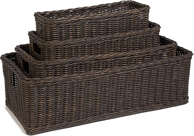 The Basket Lady Long Low Wicker Basket, Large, 25 in L x 11.5 in W x 7 in H, Antique Walnut Brown