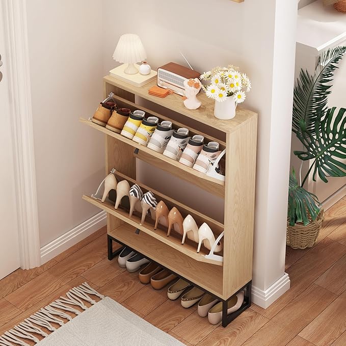 Shoe Cabinet with 2 Flip Drawer Drawer, Modern Shoe Organizer Freestanding Shoe Cabinet Storage, Shoe Storage Shoe Rack for Closet with Linen Doors Drawer in Hallway, Entrance (Natural)
