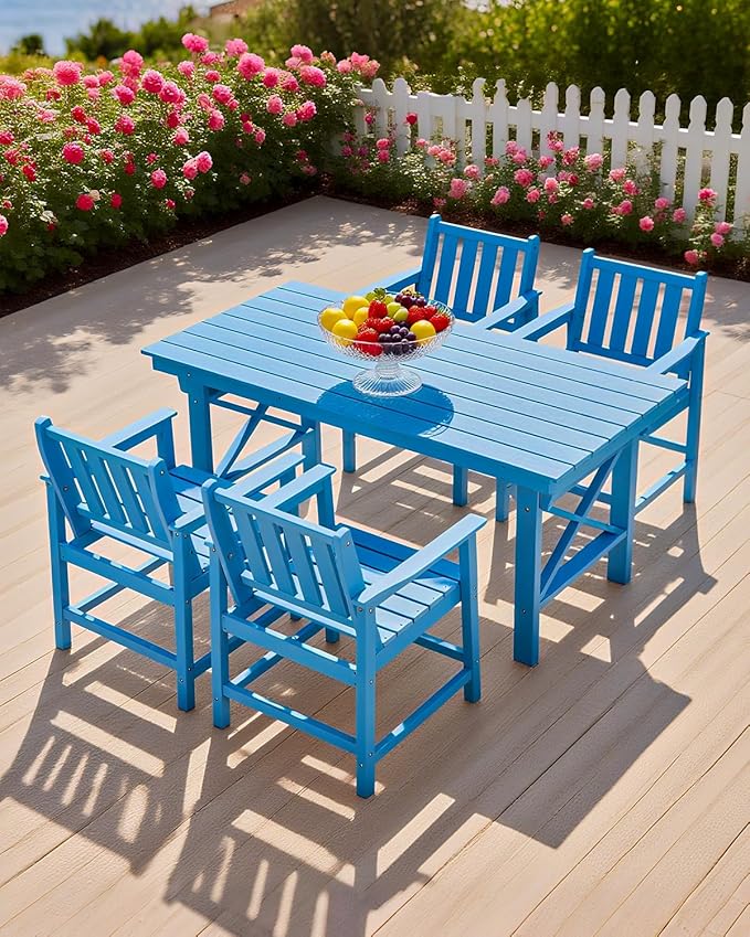 QUASCO 5-Piece Patio Table Set, Outdoor HDPE Dining Furniture Set with Umbrella Hole All Weather Table and 4 Chairs for Lawn, Garden, Poolside, Backyard, Blue