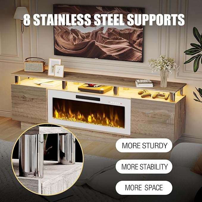 70" Modern Fireplace TV Stand with 36" Electric Fireplace for TVs Up to 80 inch, Luxury LED Light Entertainment Center with High Gloss Cabinet (Grey + Silver Posts with White Fireplace, 70'')