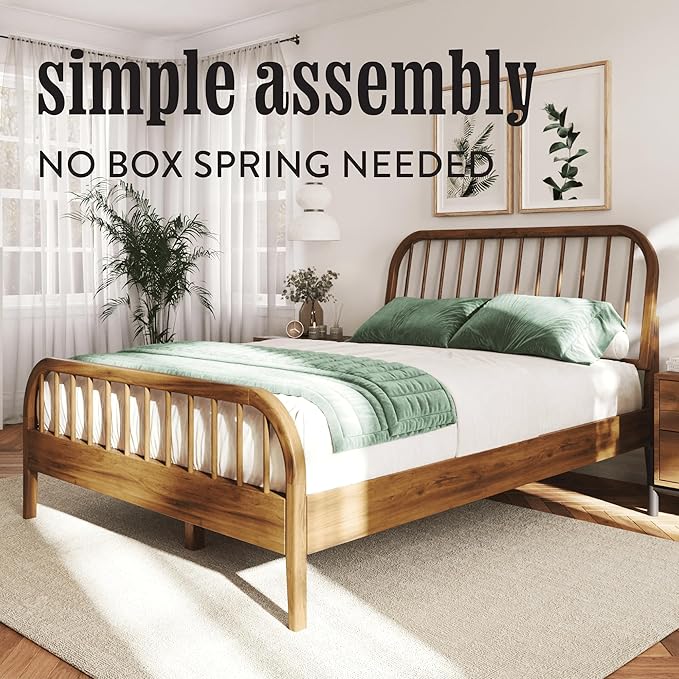 DG Casa Wesley Solid Wood Queen Size Bed Frame - Mid Century Modern Style, Platform with Spindle Headboard and Footboard, No Box Spring Required, Walnut Finish