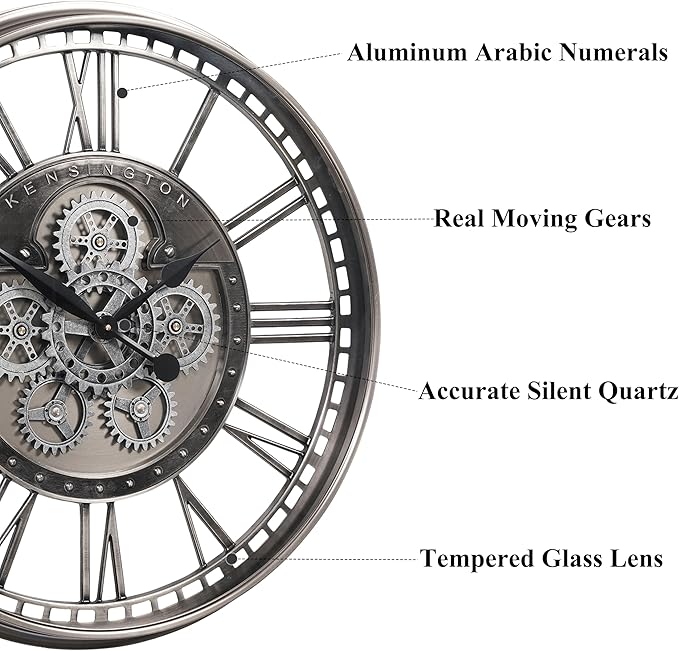 CLXEAST 28 Inch Original Real Moving Gear Wall Clock Roman Numerals,Oversized Large Wall Clocks for Modern Farmhouse Living Room Home Decor,Brushed Gunmetal