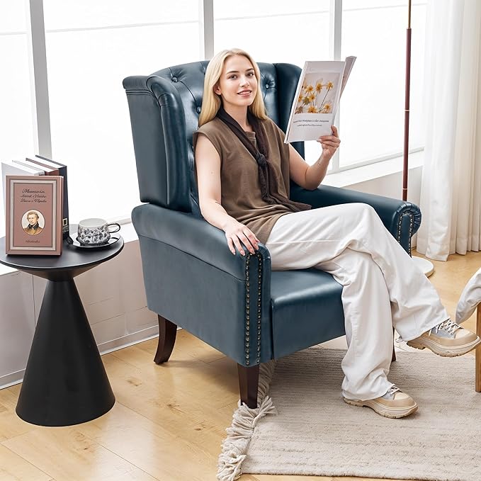 MOJAY Modern PU Leather Accent Chair, Living Room Lounge Sofa Chair with Buttons, Single Club Armchair with Rivet Trim for Bedroom Home Reception (DarkBlue)