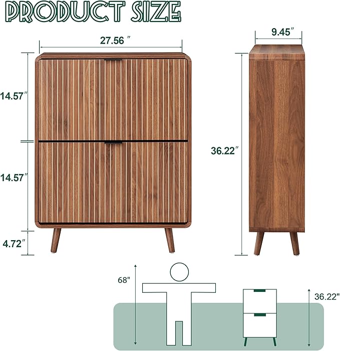 Narrow Shoe Cabinet for Entryway, Fluted Shoe Cabinet Storage with 2 Flip Drawers, Slim Shoes Rack Organizer (Walnut)
