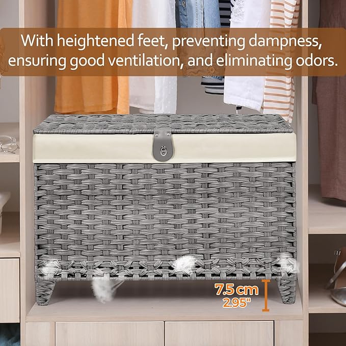 Wicker Storage Basket with Lid,Rattan Shelf Basket with Removable Liner Bag,160L Storage Bin,Storage Trunk with Heightened Feet,Storage Container for Wardrobe,Home Organizer
