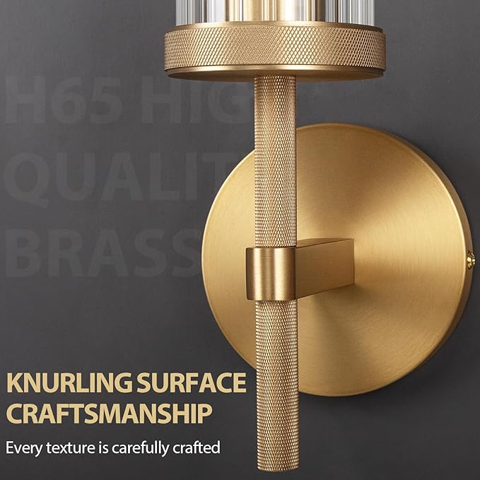 19.5" Knurled Brass Wall Sconces Set of 2, Gold Bathroom Vanity Light Fixtures with Vertical Striped Glass Tube, Modern Lamp Lighting for Bedroom, Living Room, Hallway, Staircase, Mirror, Kitchen