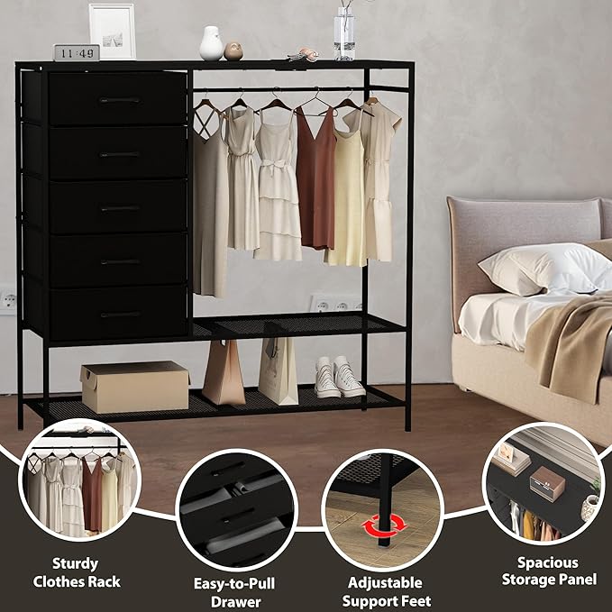 Dresser with Hanging Rack, Black Dresser for Bedroom, Chests of Drawers for Closet, 5 Fabric Drawers Clothes Rack, with Sturdy Metal Frame, LED Lights, Charging Station