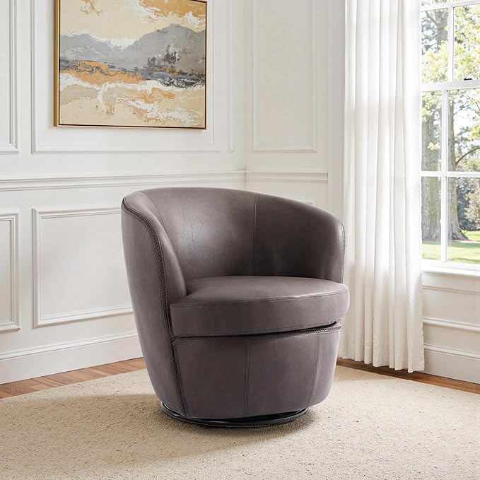 Swivel Barrel Chair, Modern Round PU Leather Accent Armchair for Living Room, Bedroom, Comfy Club Reading Chairs for Adults (Leather Chocolate, Set of 1)
