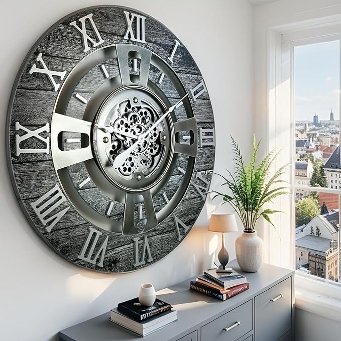 The Gears Clock Real Moving Gear Wall Clock England Line (Carbon Grey, 36 inches (90 cm))