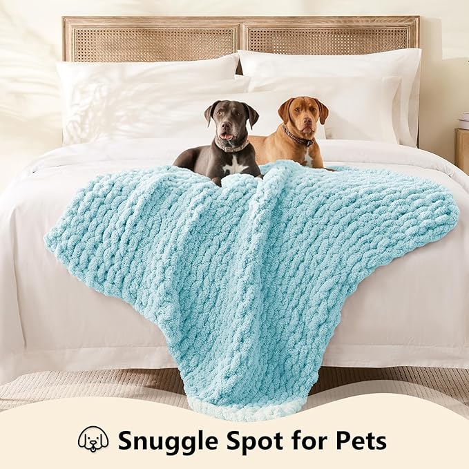 L'AGRATY Chunky Knit Blanket Throw - Soft Chenille Yarn Throw Blanket 40x50： Handmade Thick Cable Knit Crochet Blanke - Large Knit Blanket Chunky Rope Knot Throw Blanket for Couch Sofa Bed Home Decor