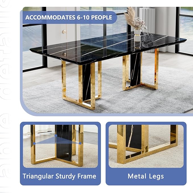 JUFU Dining Table Set for 8, 79'' Kitchen Table Chairs Set with Glossy Faux Mareble Table Top, Black Rectangle Dining Room Table Set for 8, 9 Piece Kitchen Table and Chairs Set for Kitcken Dining Room