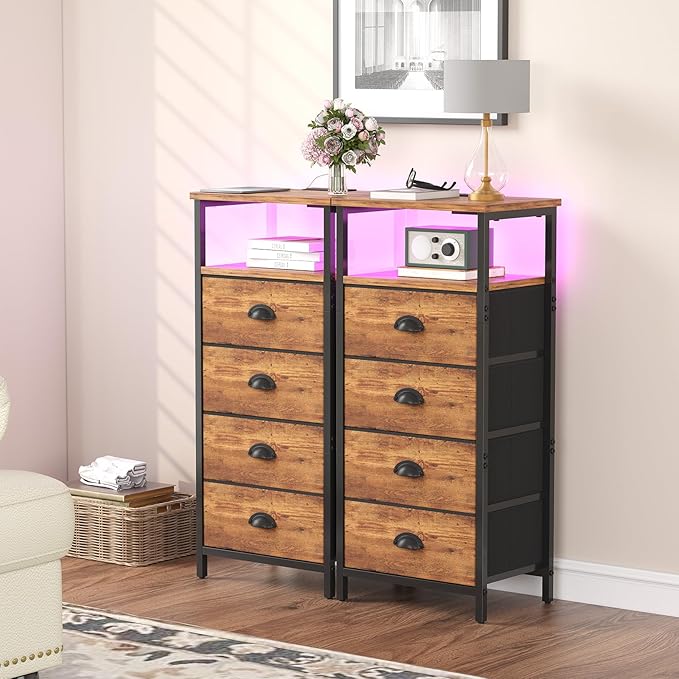 Nightstand with Charging Station,LED Nightstand with 4 Fabric Drawers, Bedside End Tables, 2-Tier Open Storage Shelf Side Table Nightstand with Drawers for Bedroom,Rustic Brown