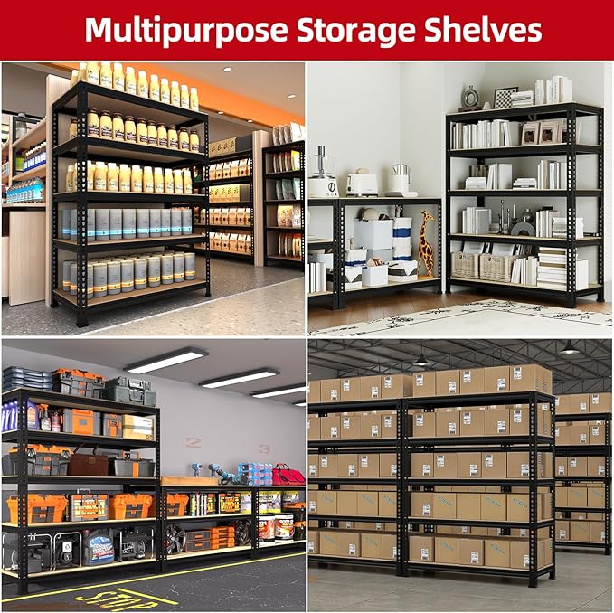 PrimeZone Heavy Duty Garage Storage Shelves, 31.5" W x 16" D x 63" H Adjustable Gargae Shelving, 5 Tier Metal Shelving Unit, Storage Shelf Utility Rack Organizer for Garage, Warehouse, Black, 4 Pack