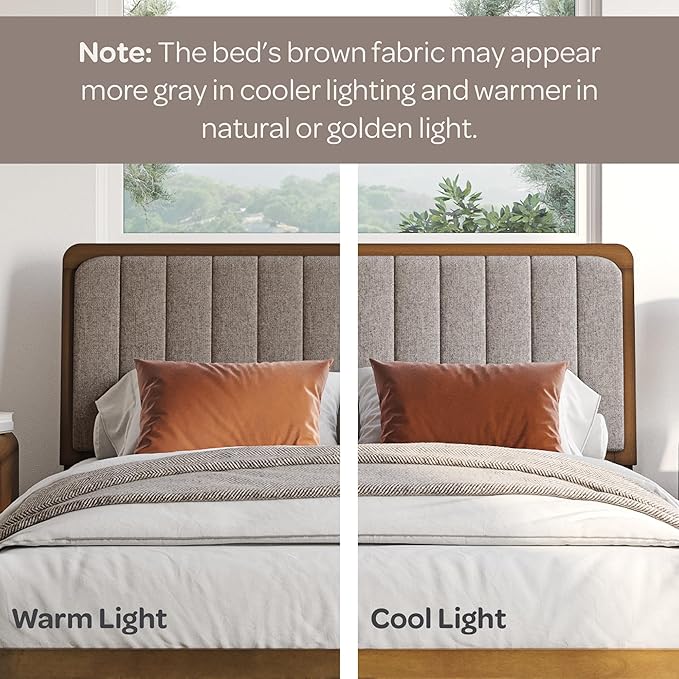 DG Casa Raven Solid Wood King Size Bed Frame - Mid Century Modern Style, Platform with Tufted Upholstered Adjustable Height Headboard, No Box Spring Required, Walnut Finish, Brown Fabric