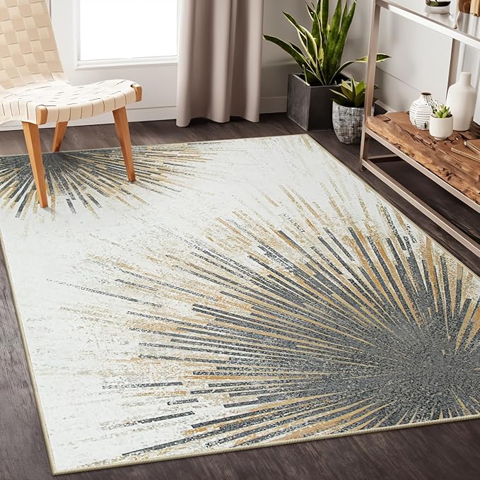 Lahome Modern Rugs for Living Room 5x7 Rug - Machine Washable Rugs Throw Soft Bedroom Area Rug Ultra-Thin Non-Slip Dining Room Rug, Abstract Print Carpet Rug for Office Kitchen (Gold/Gray, 5'x7')