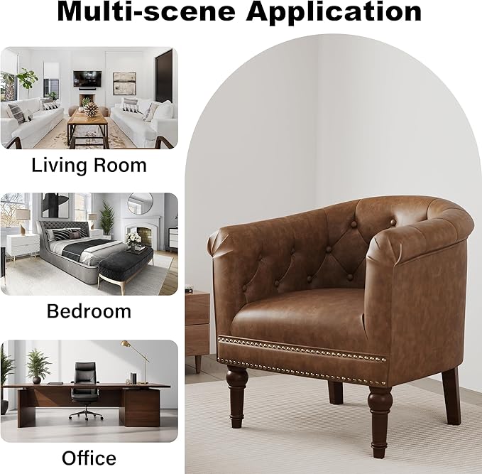 Accent Chair, Upholstered Faux Leather Barrel Chair with Nailed Trim, Comfy Club Armchair for Reading Living Room Bedroom Waiting Room (Rust, Set of 2)