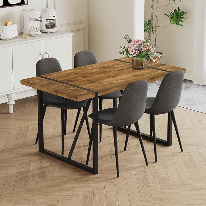Kitchen Table Chairs Set of 4, Modern 55'' Dark Wood Dining Table and Fabric Dining Chairs Set of 4,Dining Table Set for 4,Ideal for Kitchen Dining Room