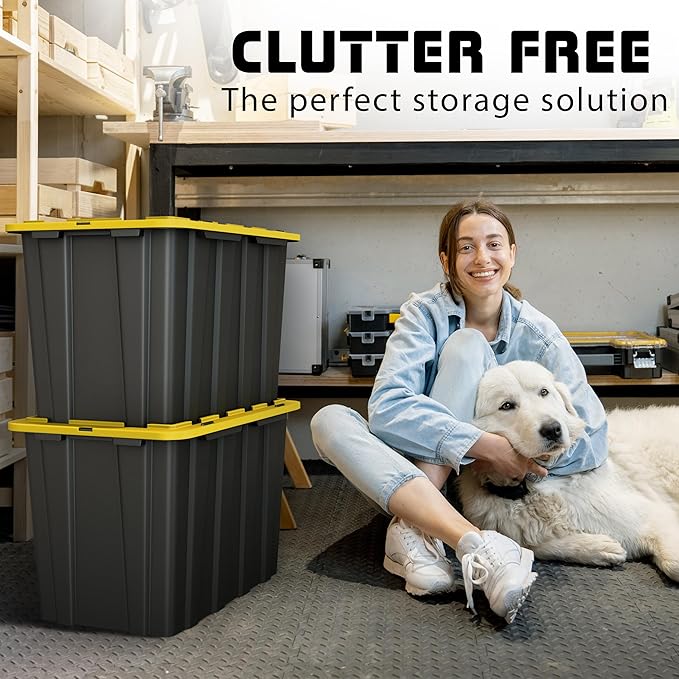 4 PACK of X-Large 23 Gallon Plastic Storage Bin Tote Organizing Container with Secure Latching Lids, Stackable, Extra Strength with Built in Handle - Black & Yellow