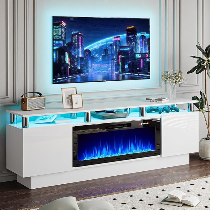70" Modern Fireplace TV Stand with 36" Electric Fireplace for TVs Up to 80 inch, Luxury LED Light Entertainment Center with High Gloss Cabinet, TV Consoles for Living Room, White
