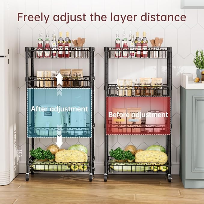 SINGAYE 4 Tier Basket Shelf Wire Shelving Unit Adjustable Storage Shelves Big Basket Rack for Garage Kitchen Office Pantry Corner 17" Dx12 Wx50 H Black