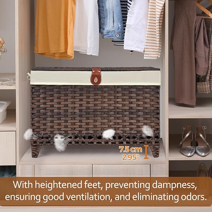 Wicker Storage Basket with Lid,Rattan Shelf Basket with Removable Liner Bag,160L Storage Bin,Storage Trunk with Heightened Feet,Storage Container for Wardrobe,Home Organizer