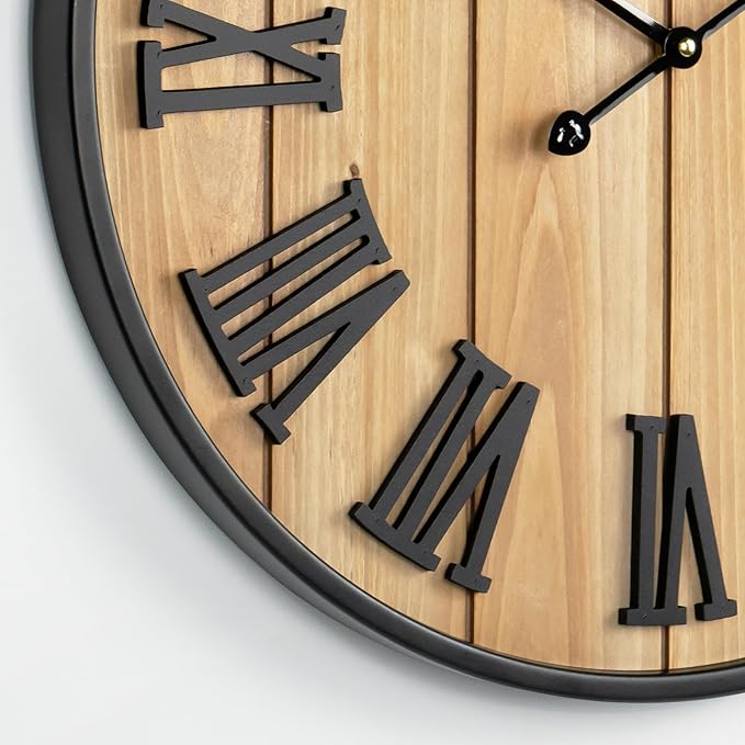 Large Wall Clock 20IN, Silent Metal Wood Style Wall Clocks Battery Operated for Living Room Decor, Farmhouse Big Wall Clock, Outdoor